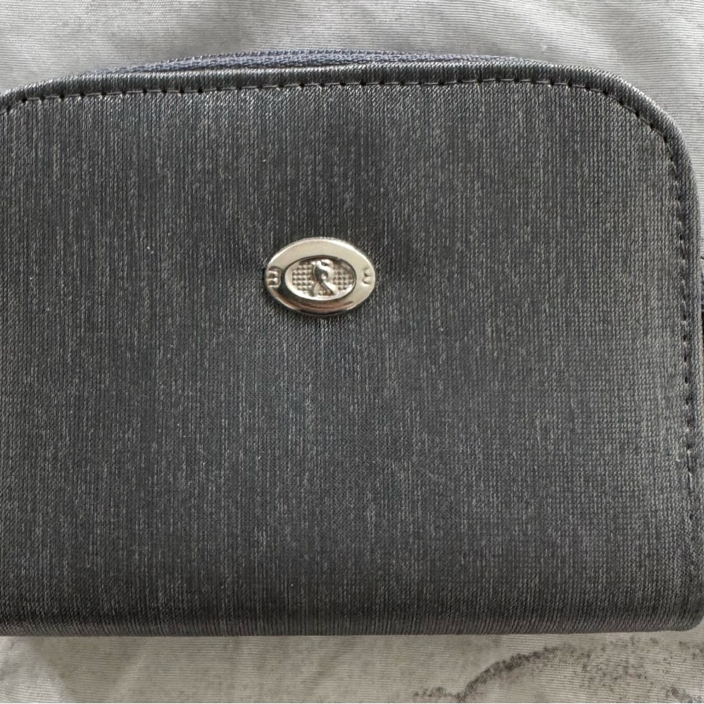Gray fabric two zippers wristlet wallet, size 5.5x3.5 ID holder card holder